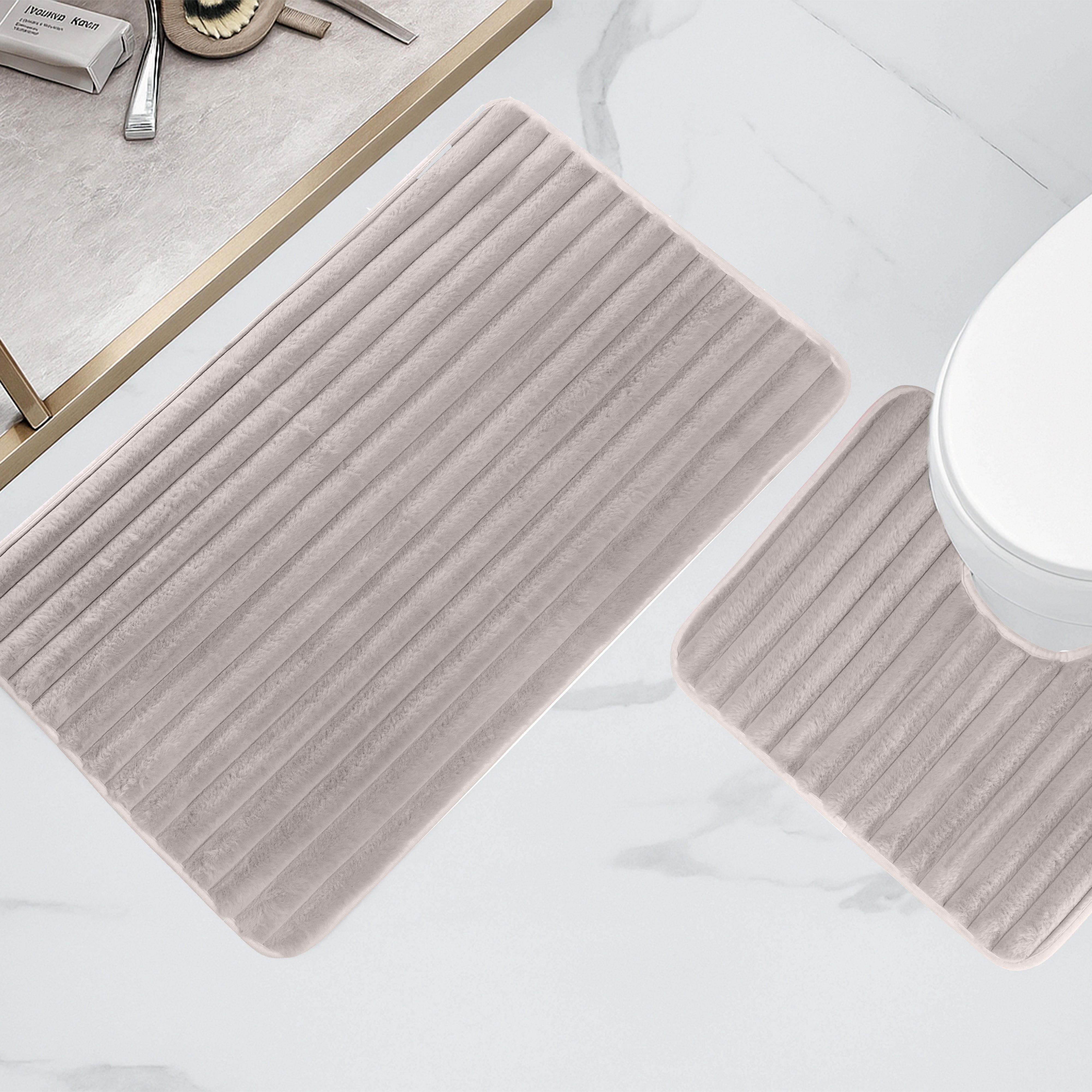 OLIVIA ROCCO 2 Piece Ribbed Bath Mat Set Natural Extra Soft Non Slip Super Absorbent Easy Care Polyester Bathroom Mats Machine Washable