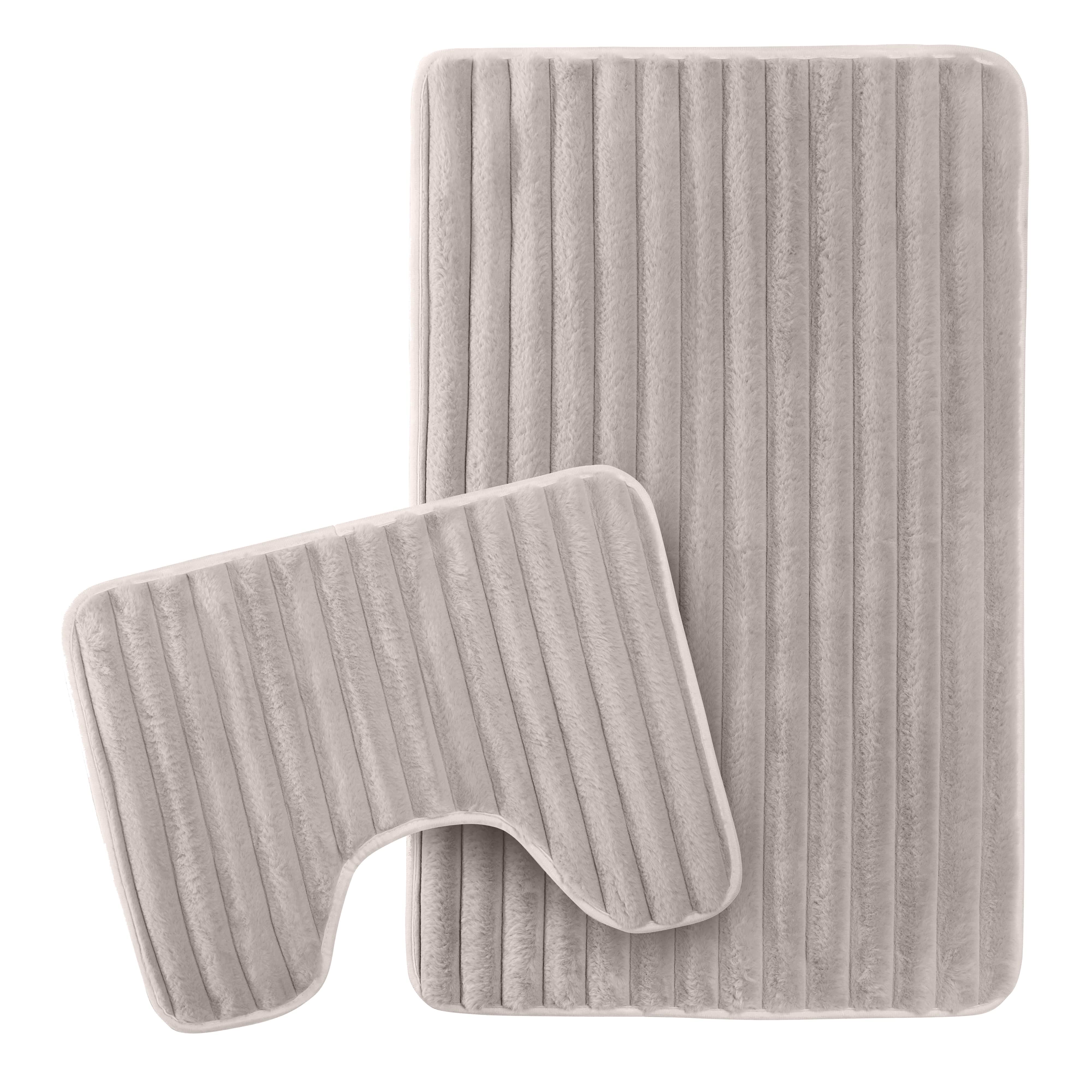 OLIVIA ROCCO 2 Piece Ribbed Bath Mat Set Natural Extra Soft Non Slip Super Absorbent Easy Care Polyester Bathroom Mats Machine Washable
