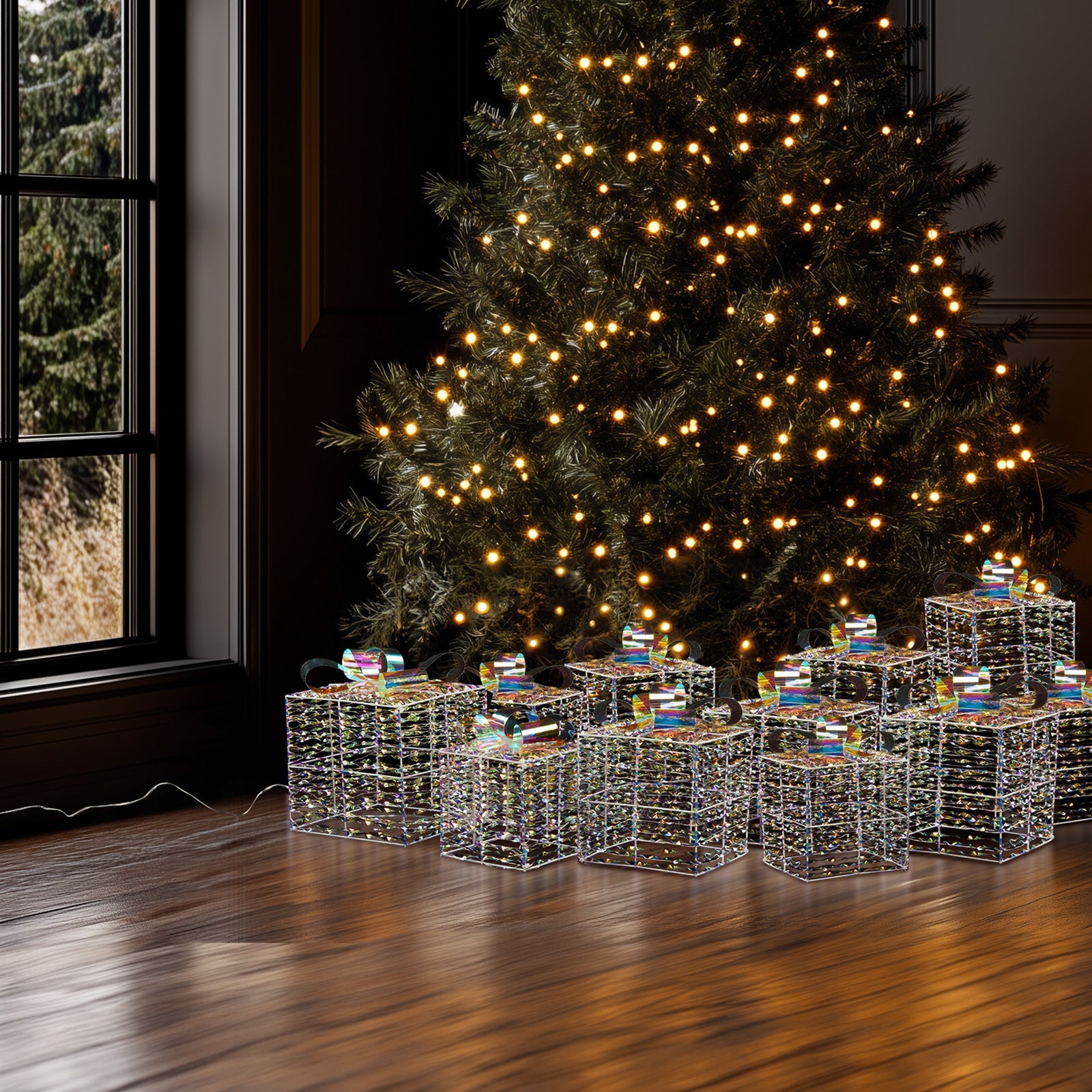 Lighted Iridescent Gift Boxes Set of 3, Pre-lit Nestable Present Boxes Ornament with 140 LED White Lights and Stakes for Christmas Outdoor Indoor Decor Lighted Holiday Displays