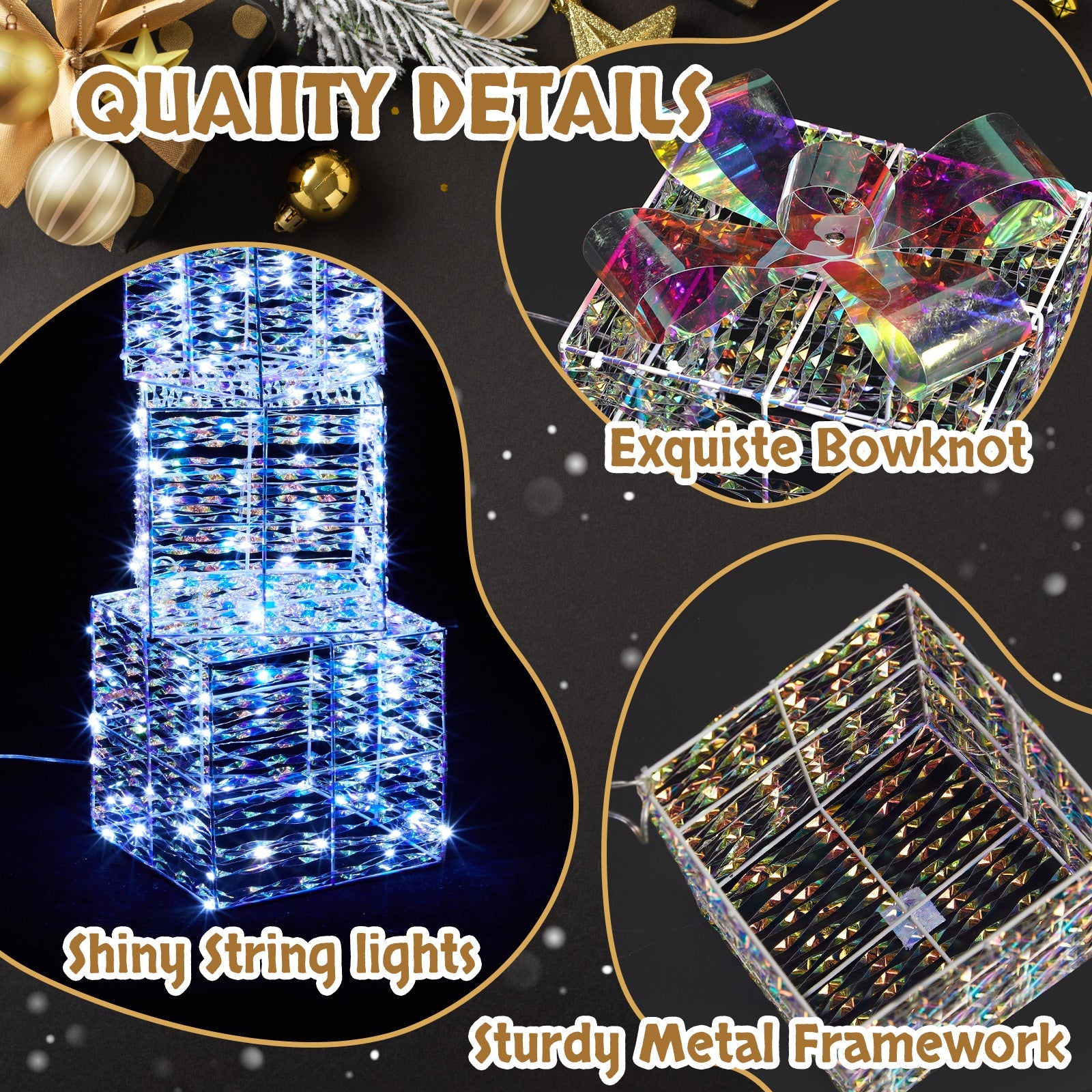 Lighted Iridescent Gift Boxes Set of 3, Pre-lit Nestable Present Boxes Ornament with 140 LED White Lights and Stakes for Christmas Outdoor Indoor Decor Lighted Holiday Displays