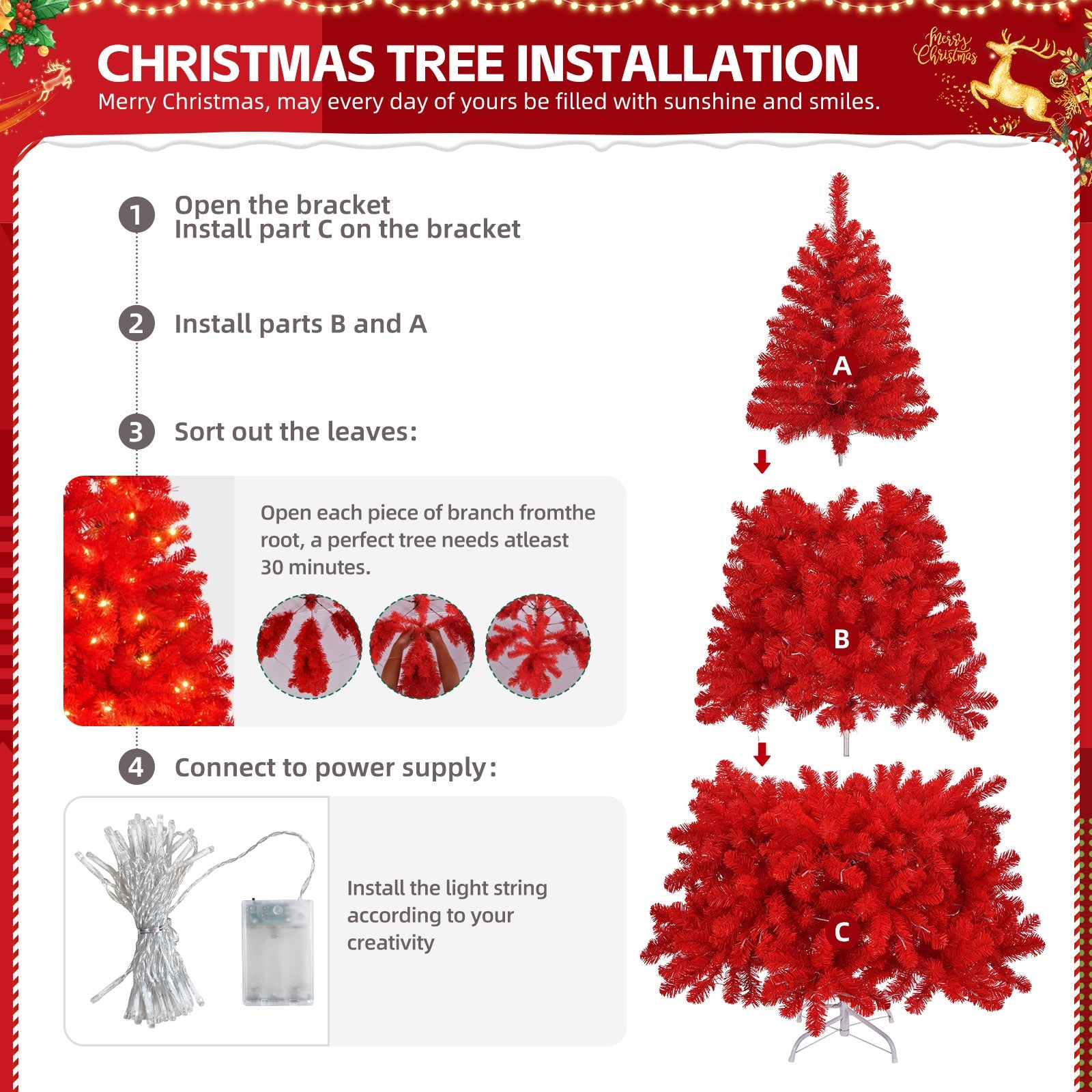 6 FT Artificial Christmas Tree with DIY 100 Warm Lights Battery Operated, 750 Branch Tips and Sturdy Metal Stand, Red