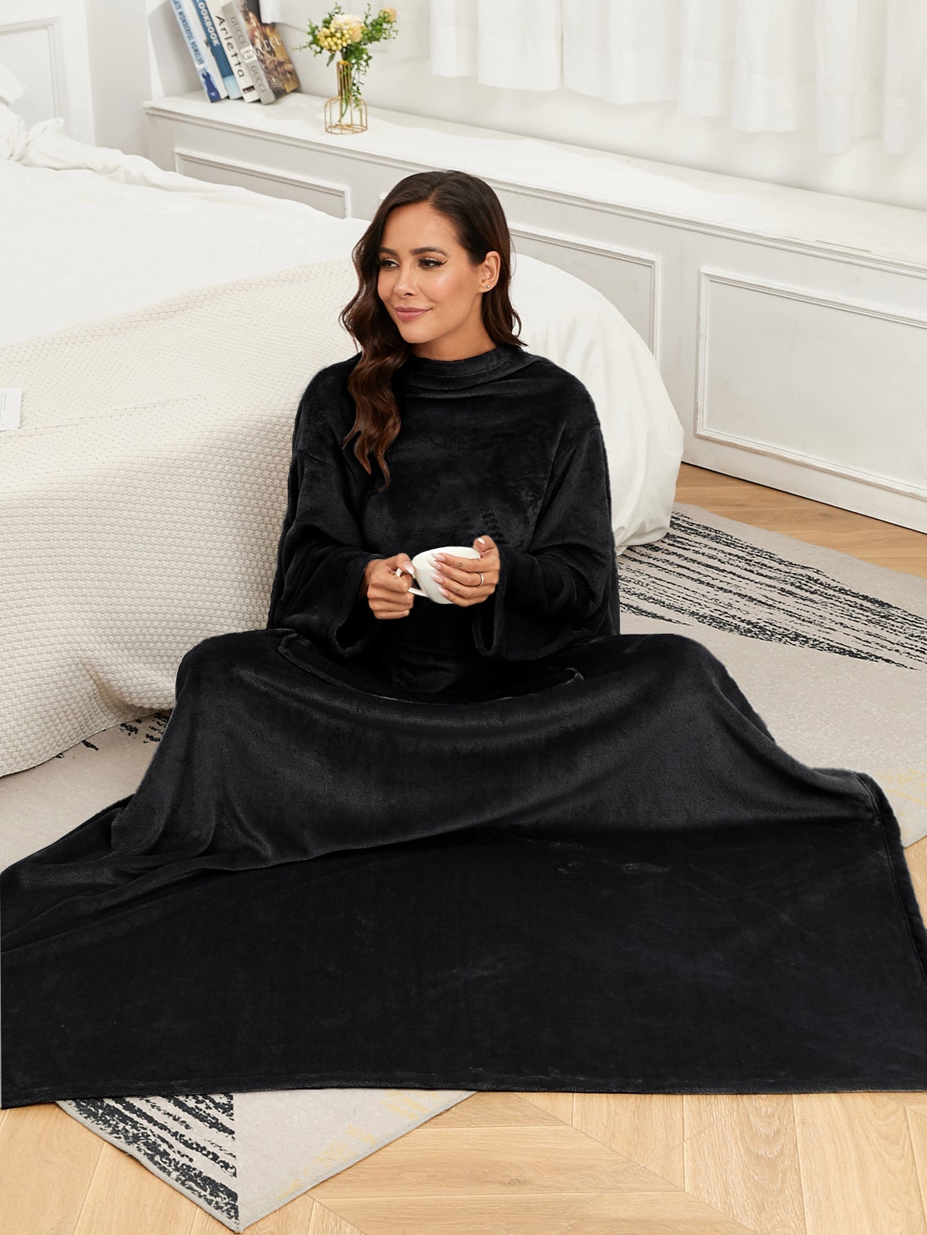 RONGTAI Fleece Wearable Blanket With Sleeve And Pocket For Adults, Cozy Warm Full Body Wrap Throws Blanket Robe, Navy, Oversized