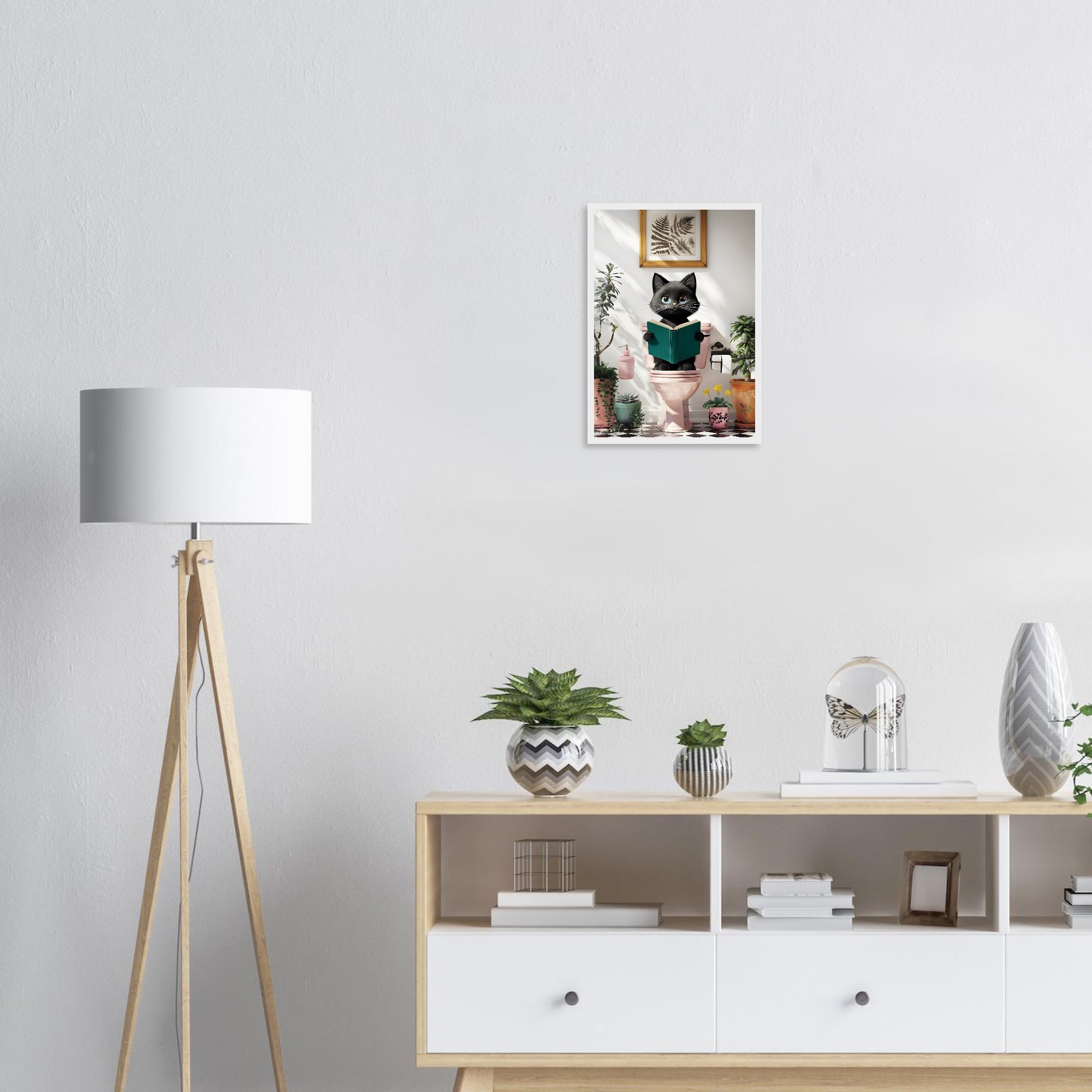 Framed Black Cat Poster – Quirky Bathroom Art with a Humorous Twist