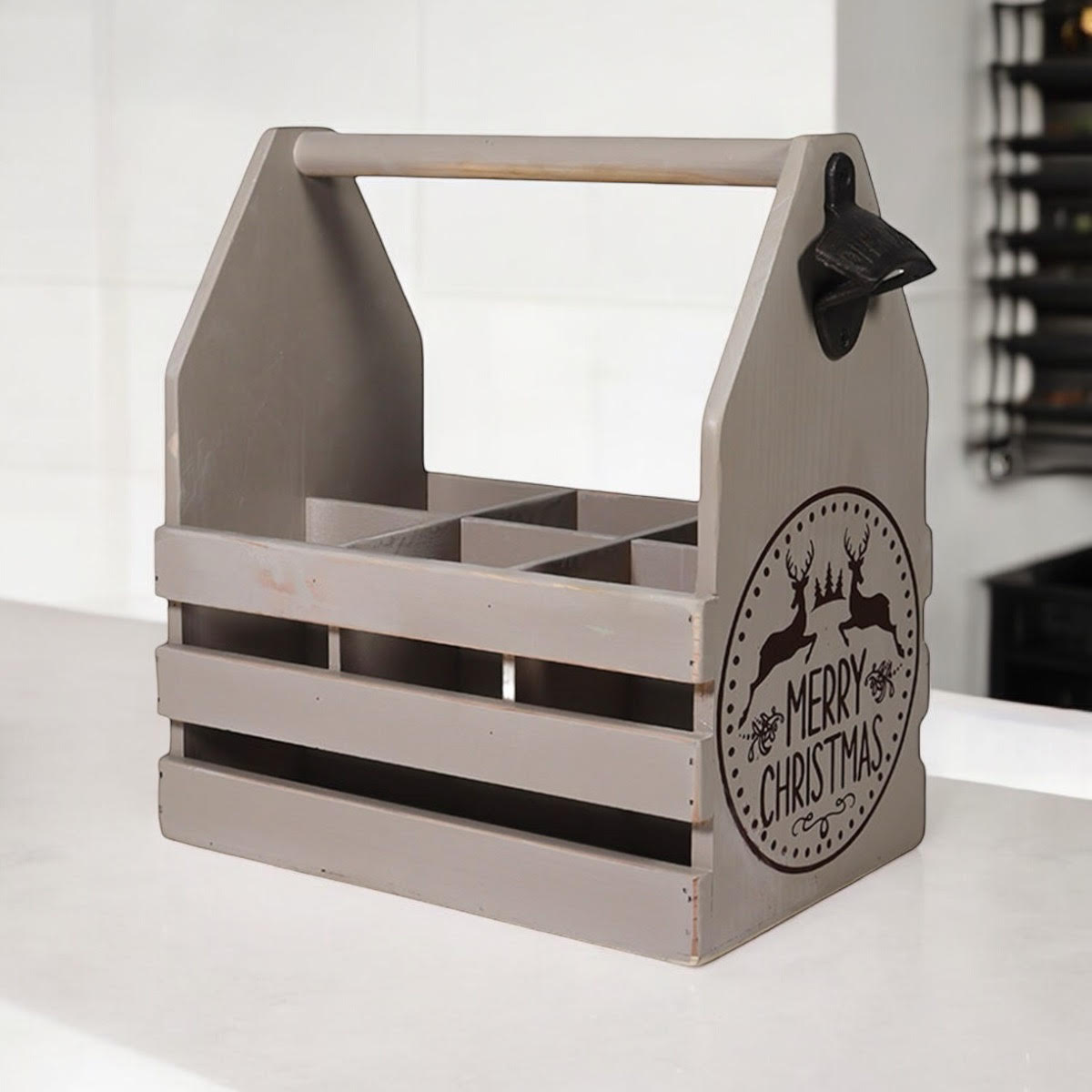 RUSTIC GREY 6 BOTTLE HOLDER WITH OPENER