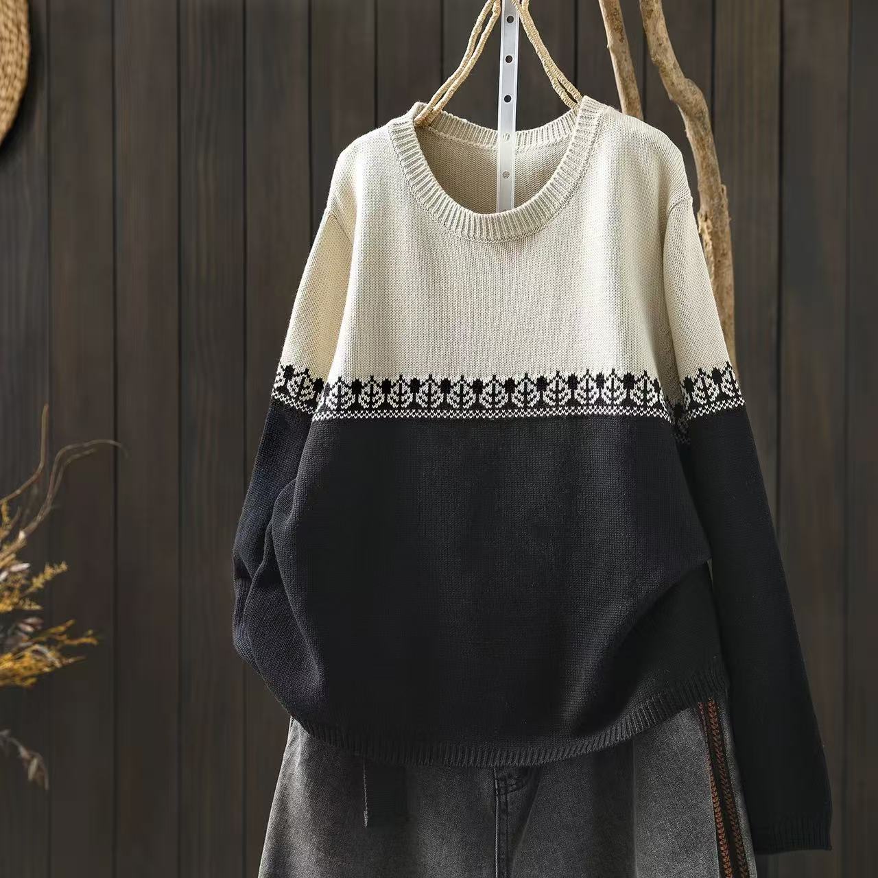 Crew-neck Preppy-style Cotton Knit Sweater Loose And Casual