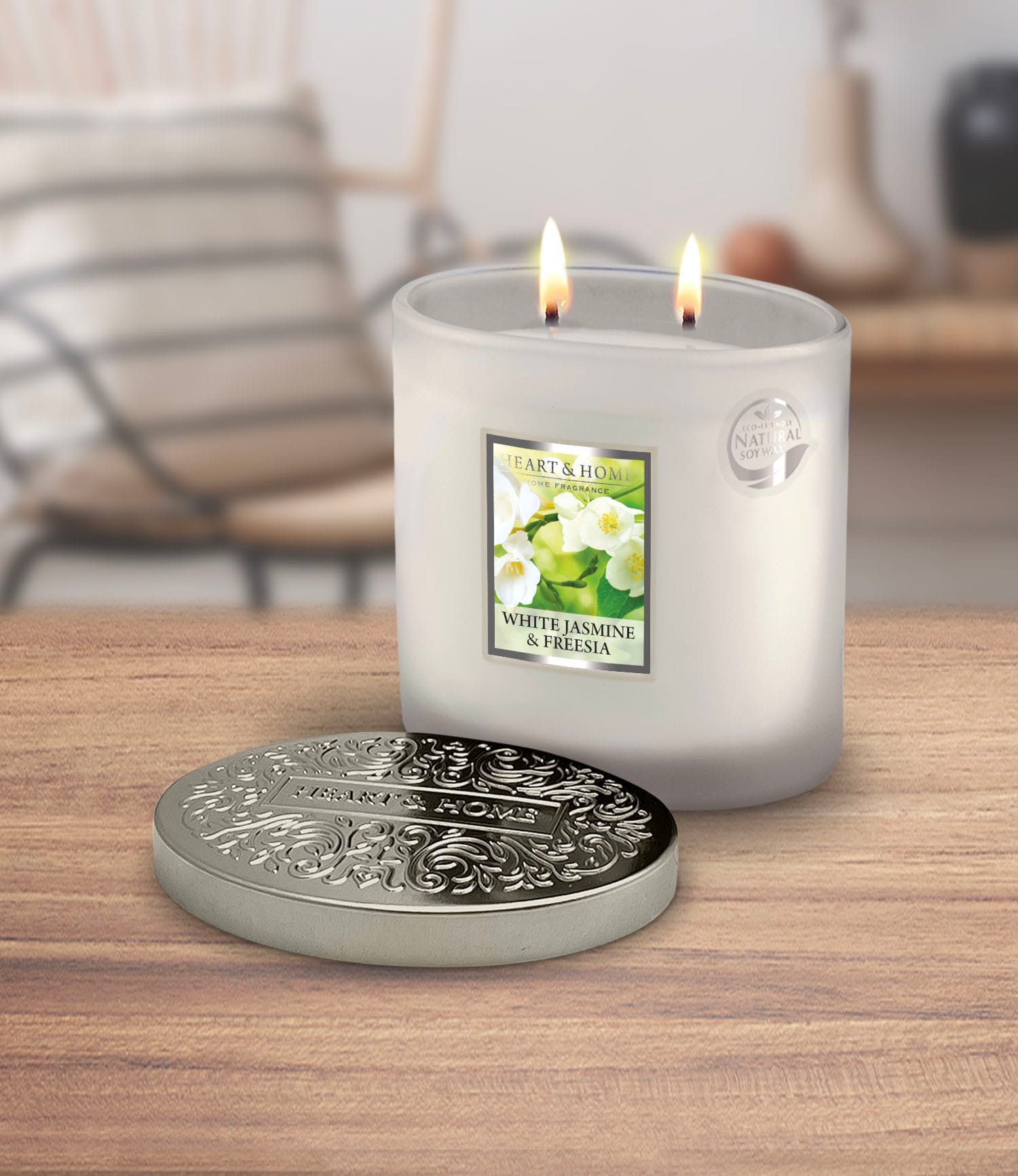 Heart & Home White Jasmine & Freesia Twin Wick Ellipse Soy Candle - 40 Hours Burn
