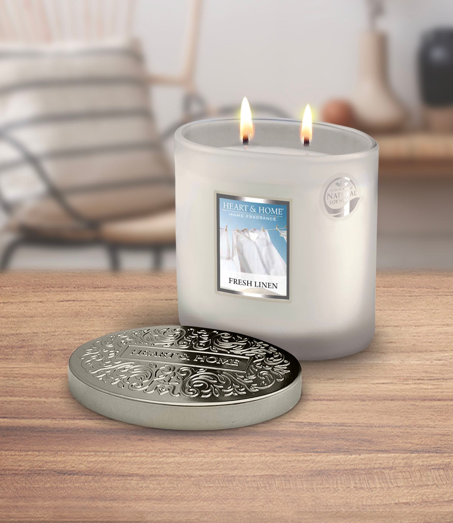 Heart & Home Fresh Linen Twin Wick Ellipse Soy Candle - 40 Hours Burn
