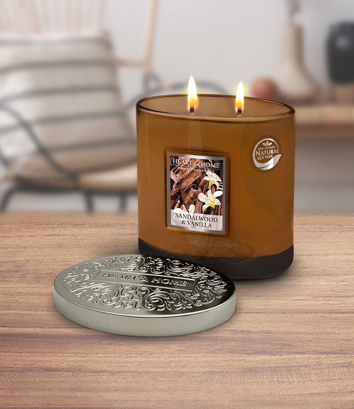 Heart & Home Sandalwood & Vanilla Twin Wick Ellipse Soy Candle - 40 Hours Burn