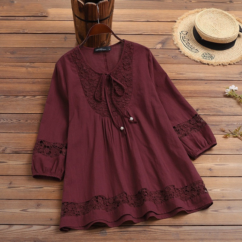 Cotton And Linen Stitching Lace 34 Sleeve Loose Women's Top T-shirt