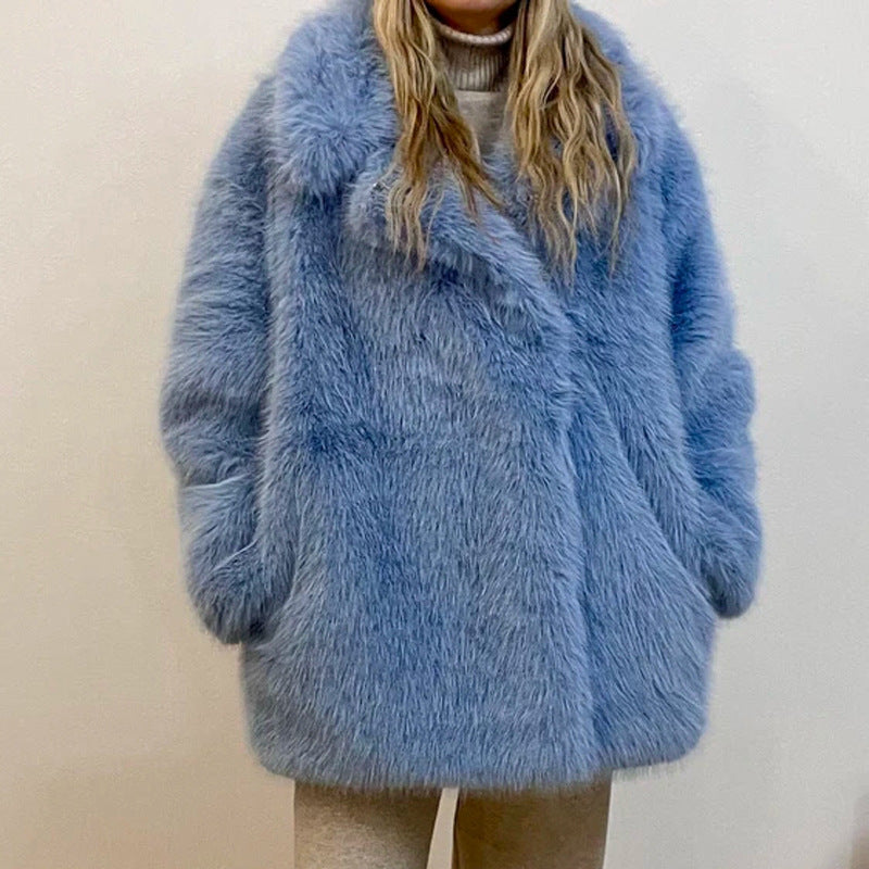 Women's Autumn Winter Warm Notched Collar Mid-Length Fur Coat