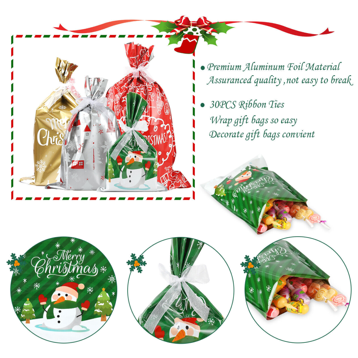 30pcs Christmas Gift Bags Santa Printed Packaging Xmas Treat Foil Drawstring Bag