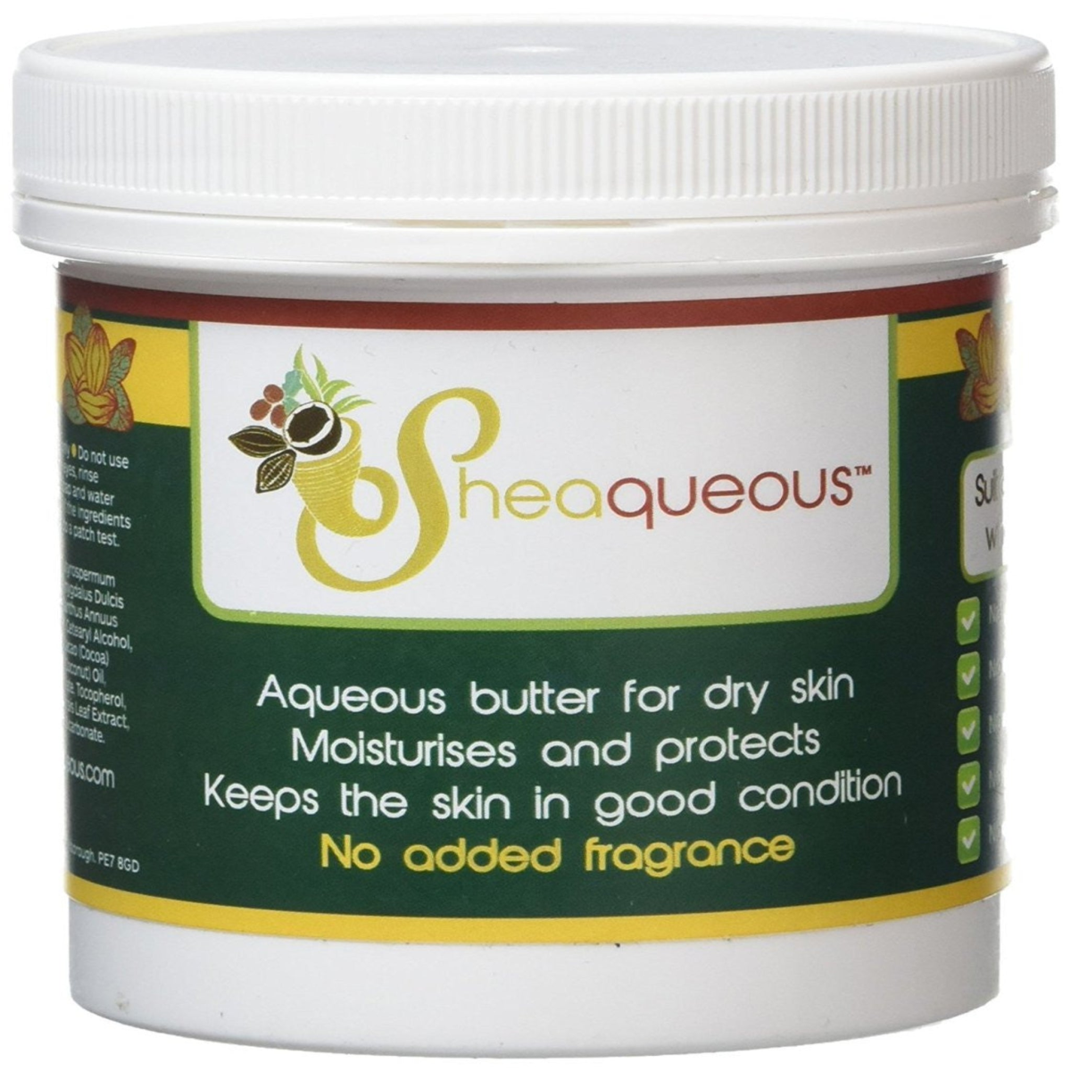 10 Pots of Sheaqueous Aqueous Cream with Organic Shea Butter, Almond Oil, cocoa butter, vitamin E. A natural aqueous cream for very dry skin, for Sensitive Skin, Children, Eczema prone skin , Use in Pregnancy for expanding tummy NO ADDED FRAGRANCE