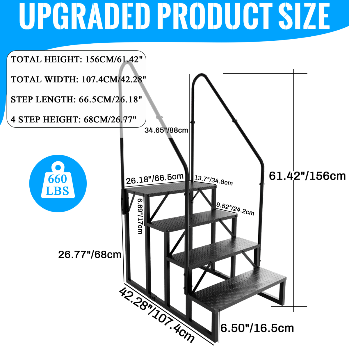 RV Step Stool, 4 Step Ladder, Hot Tub Steps with Handrail, Portable Pool Ladder, 660Lbs Heavy Duty Ladder Shelf Outdoor Mobile Home Stairs for Camper/Porch/SPA Pool/Pet Stairs