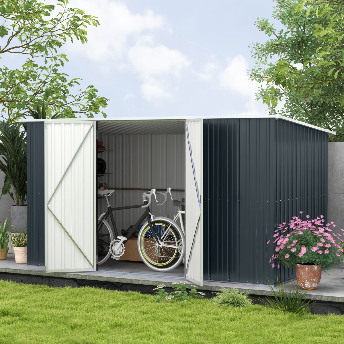 Outsunny 11 x 5.6ft Galvanised Metal Garden Shed with Lockable Doors, Grey