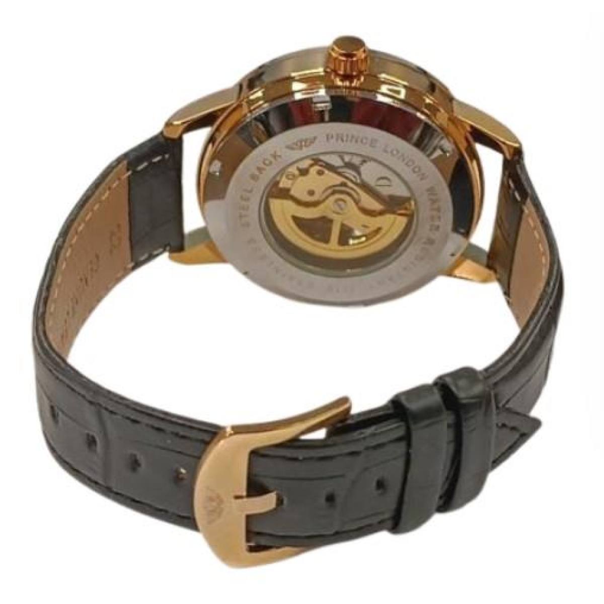 NY London Mens Automatic Dial Analogue Gold/White with Black Leather Strap Watch