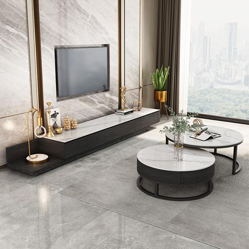 Gibs Extendable TV Stand, Sintered Stone And Black Wood
