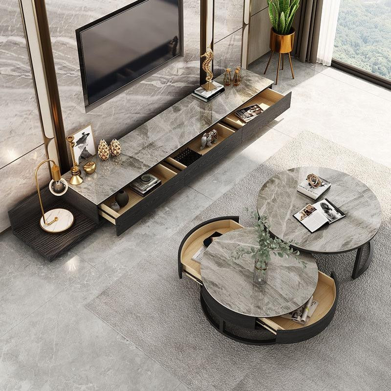 Gibs Extendable TV Stand, Sintered Stone And Black Wood