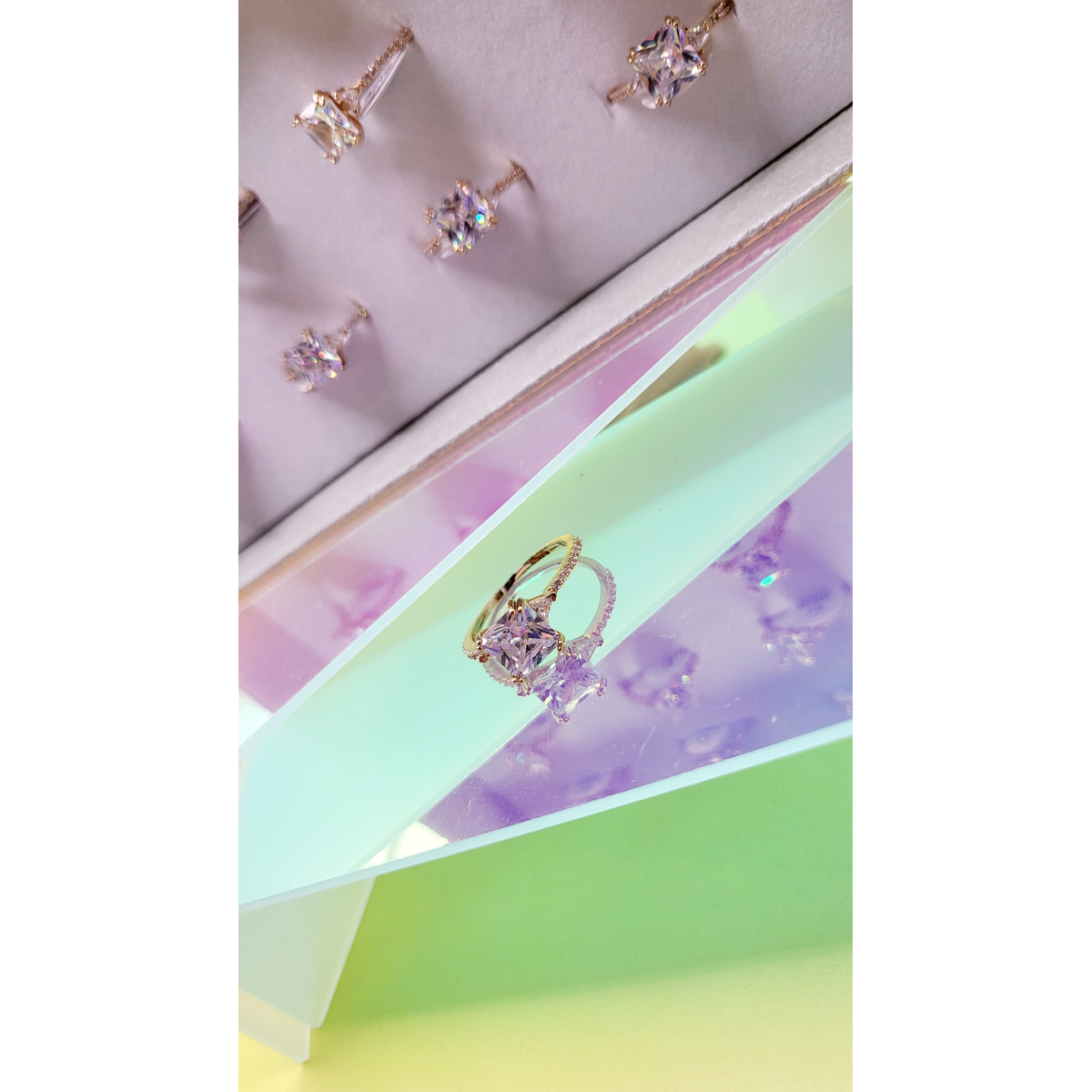 Princess Cut Crystal Gold Ring Box set of 12