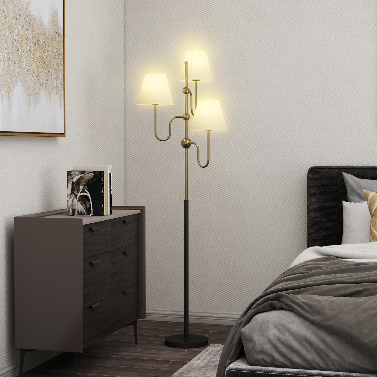 HOMCOM 3-Light Floor Lamp, 165 cm Tall Standing Lamp with Foot Switch