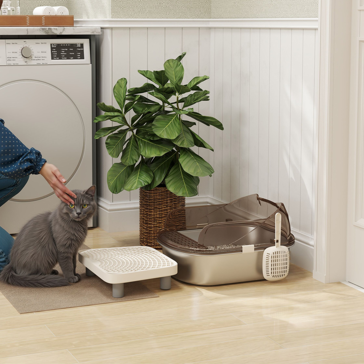 PawHut Stainless Steel Litter Box, Cat Litter Tray w/ Lid, Pedal, Scoop