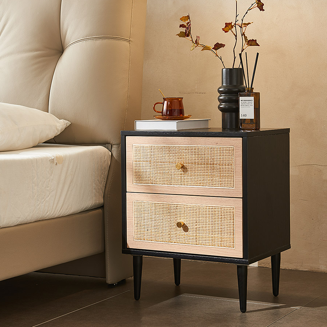 Tsaatan Wood Bedside Table, Rattan, Black