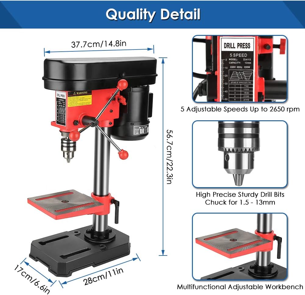 Mini Bench Drill Press 350W 5-Speed Pillar Drill with Cast Iron Base 220V