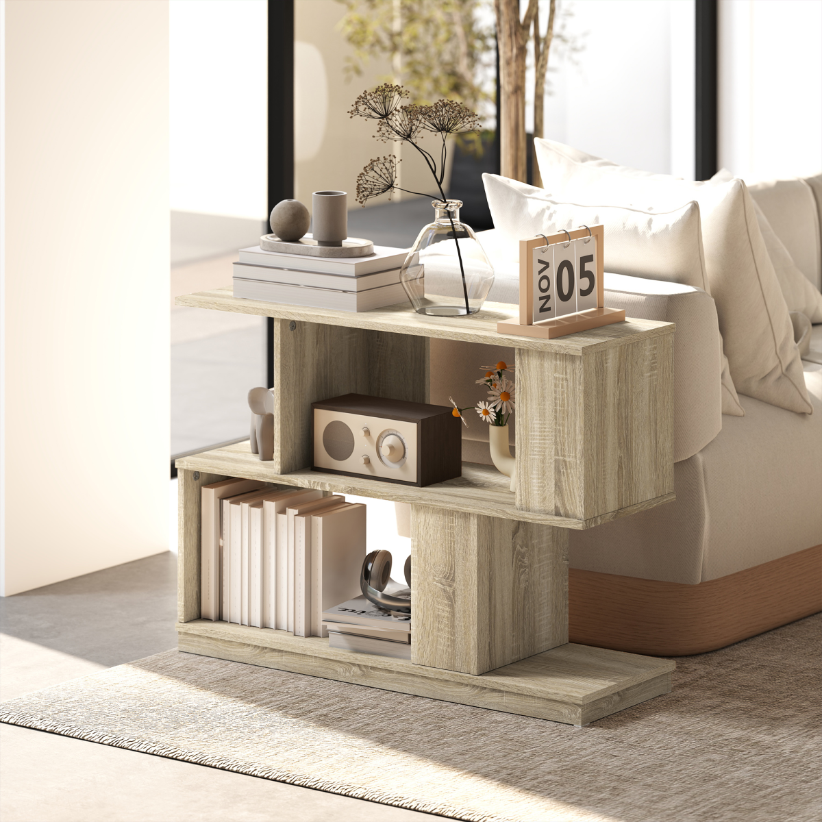 HOMCOM Modern Narrow End Table, S-Shaped Nightstand, Natural Wood Finish