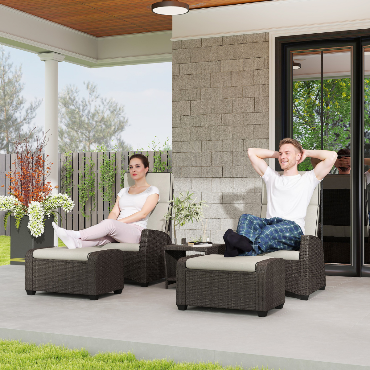Outsunny 5 PCs Rattan Garden Furniture Set with Reclining Chairs, Brown