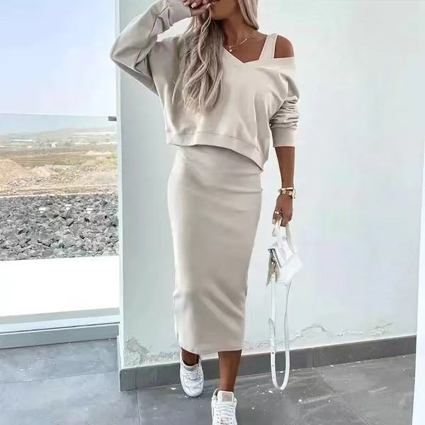 Women's Two Piece Dress Suit Fashion Long-sleeved V-neck Pullover Sweatshirt And Sleeveless Dresses Set