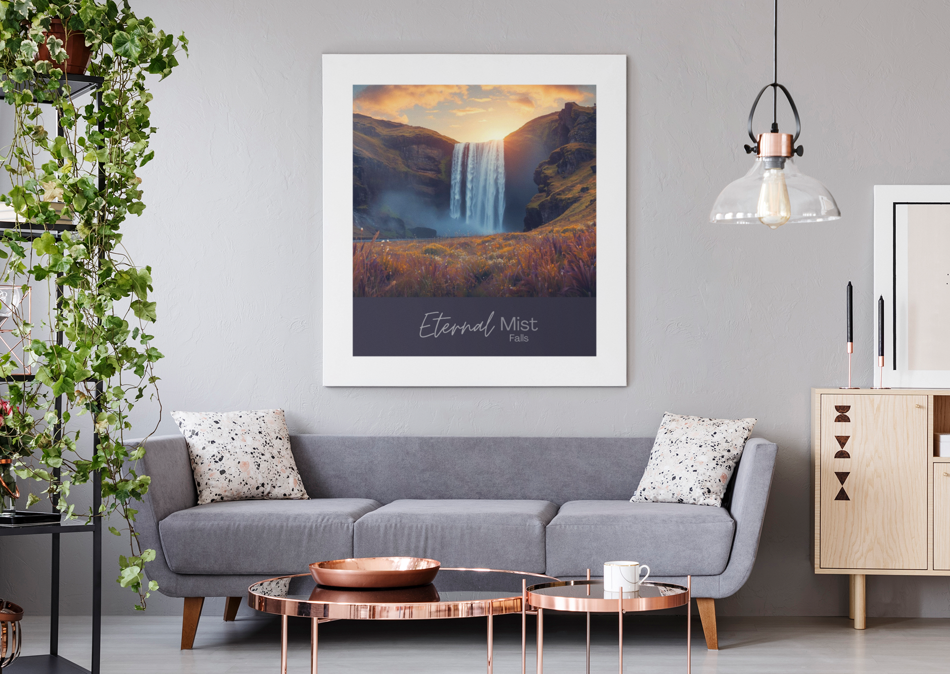 Eternal Mist Waterfall Poster | Sunset Landscape Wall Art | Modern Nature Decor