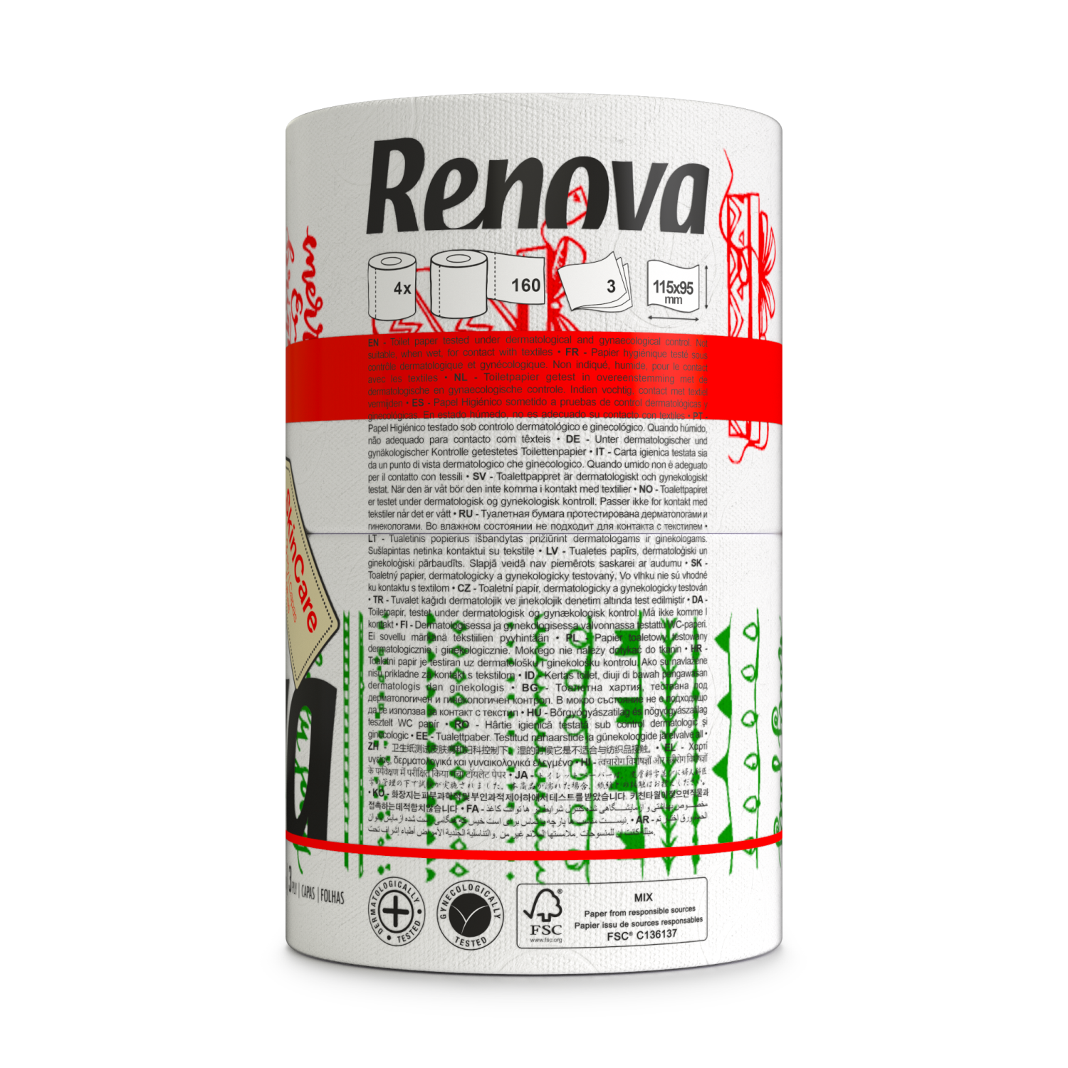 Renova Festive Christmas Toilet Rolls – Soft & Absorbent Holiday Tissue with Unique Illustrations | 4-Pack | 160 Sheets Per Roll