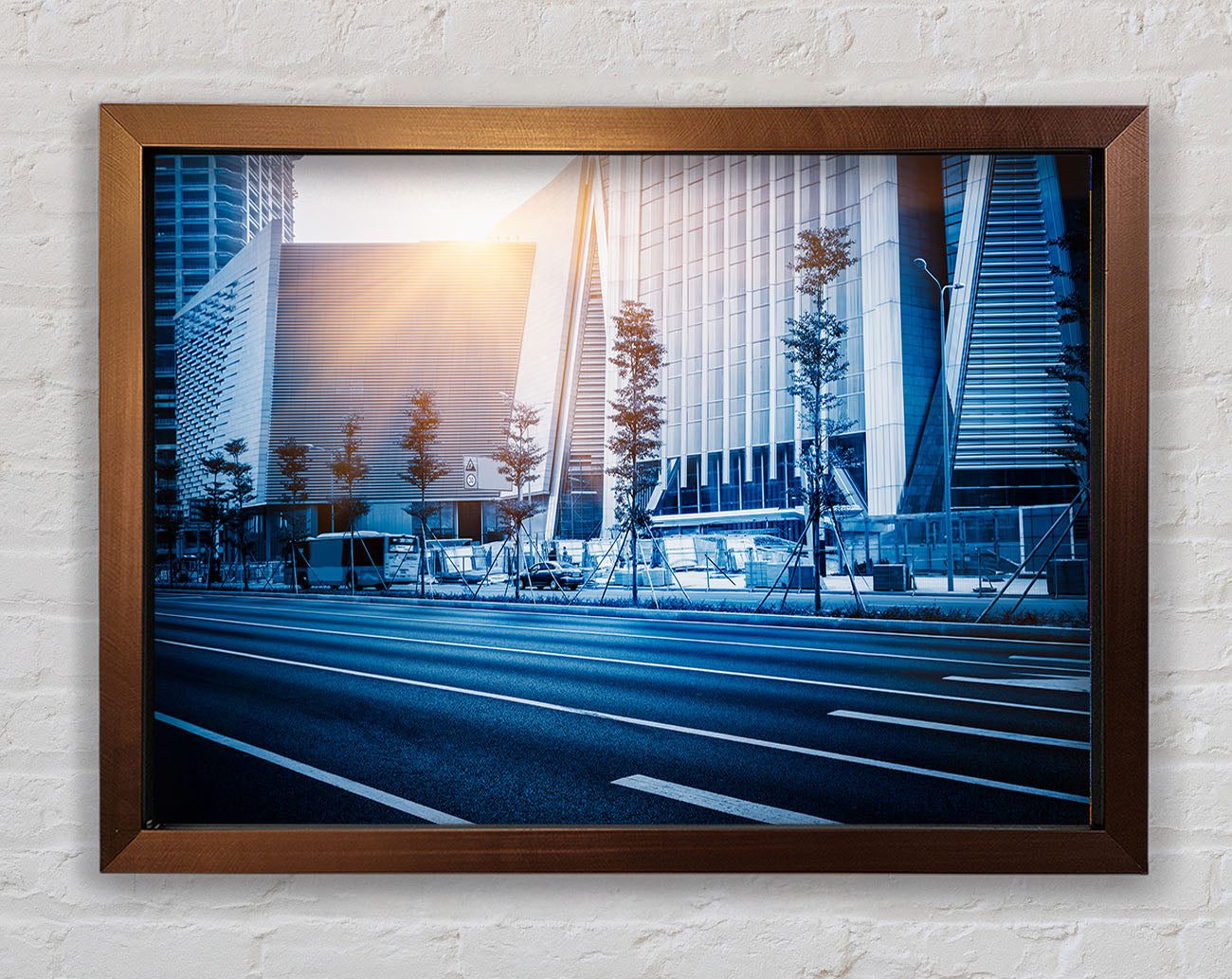 Blue city sunglare Framed Wall Art