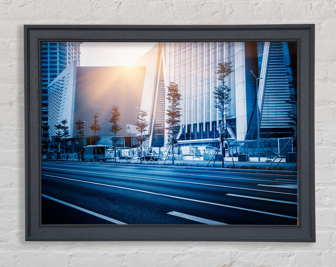 Blue city sunglare Framed Wall Art