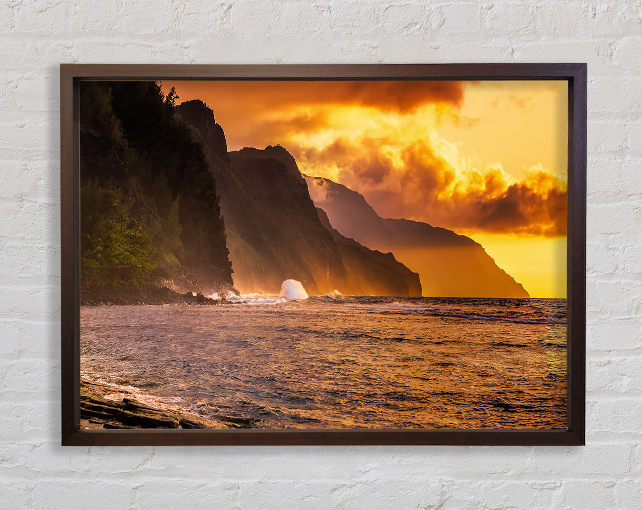 Cliff sunset crashing ocean Framed Wall Art