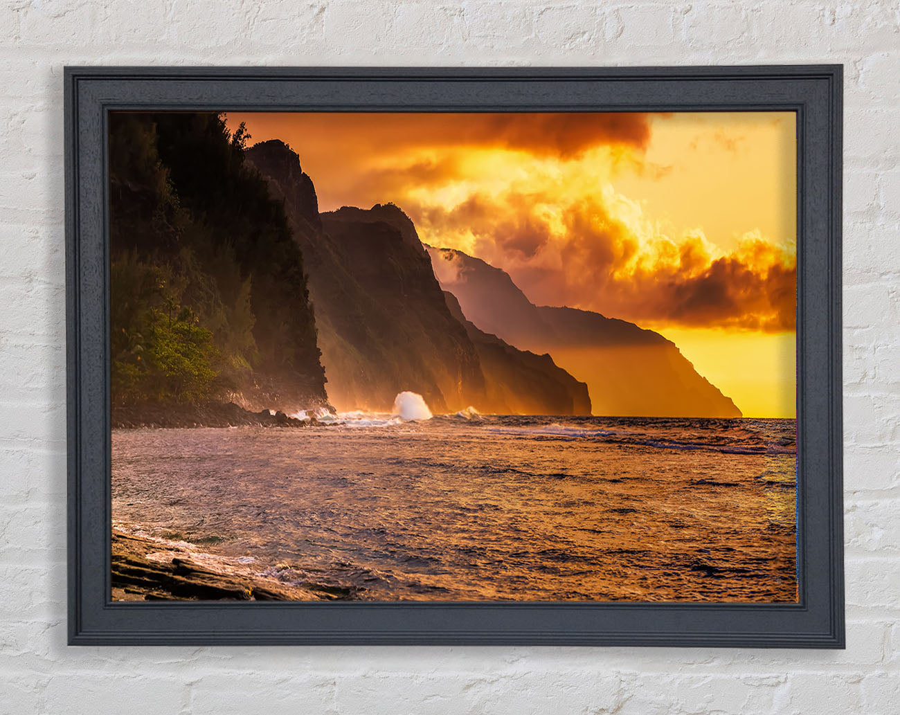 Cliff sunset crashing ocean Framed Wall Art