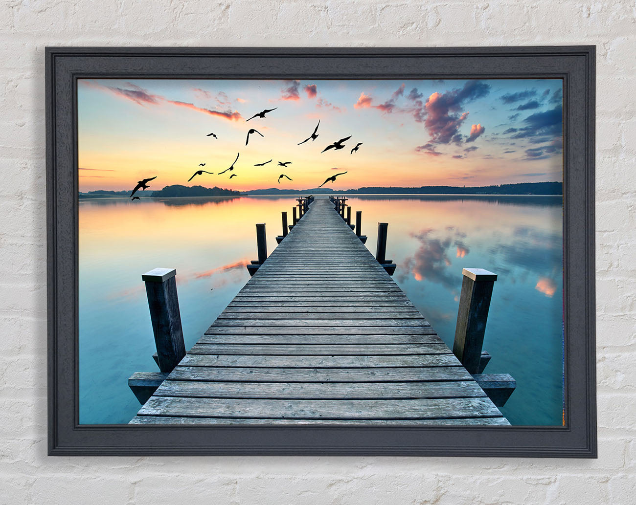 Bridge into the lake and seagulls Framed Wall Art