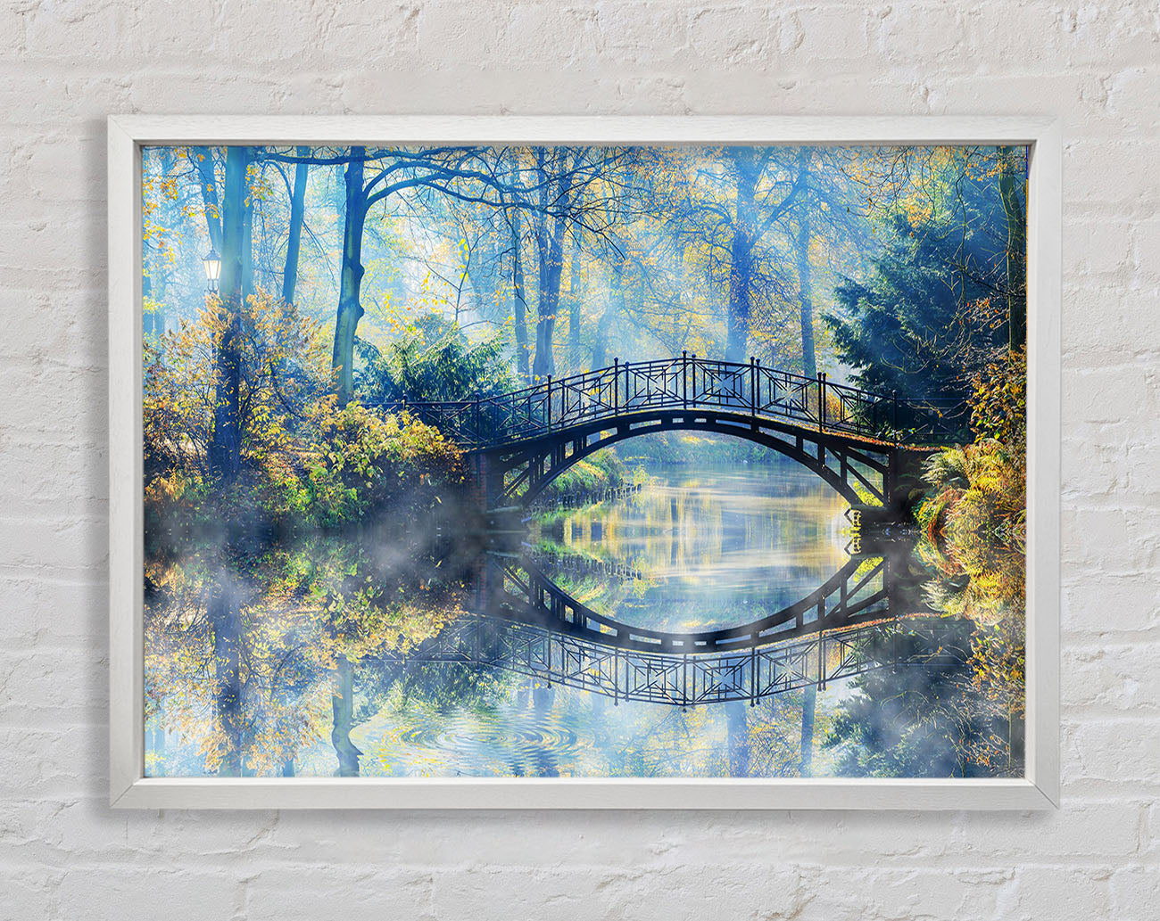 Blue hue bridge on lake Framed Wall Art