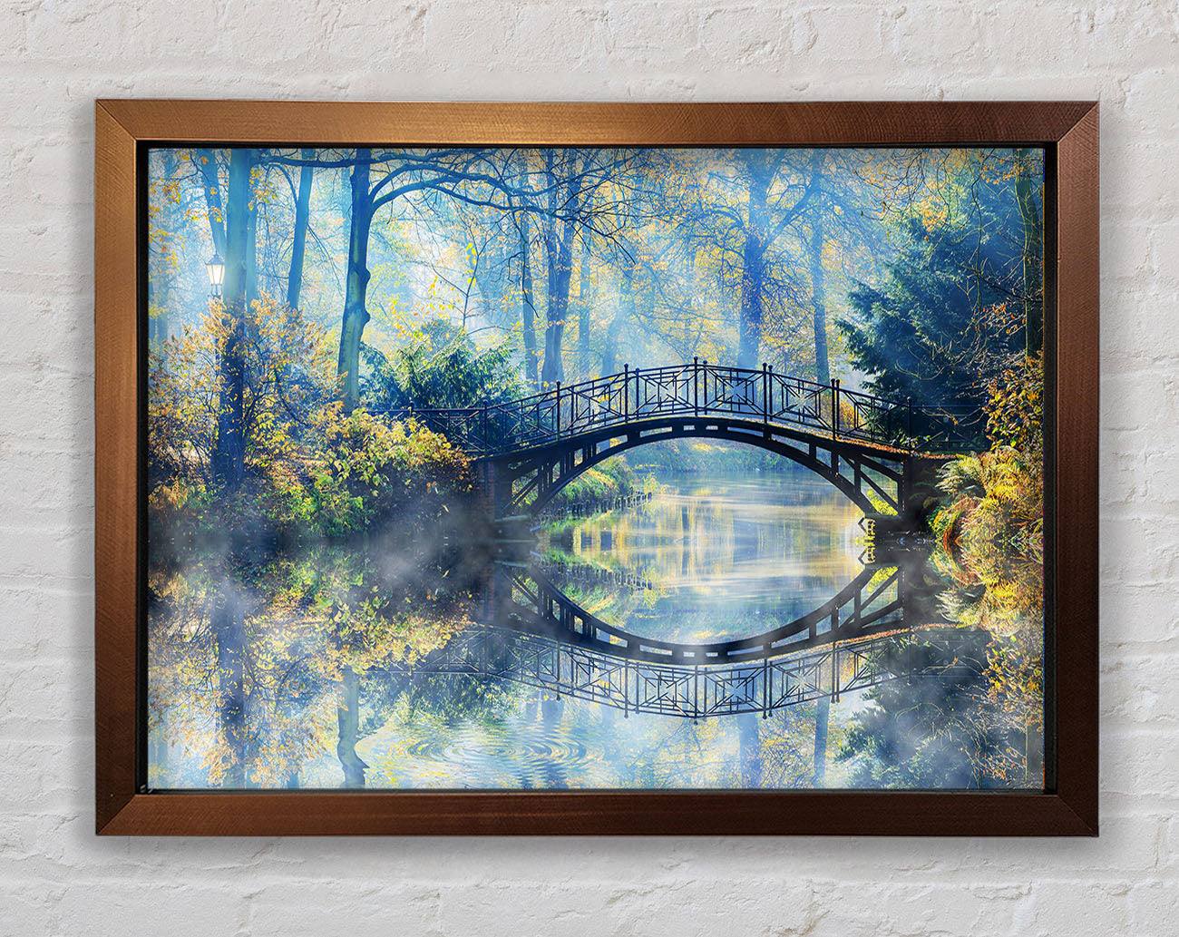 Blue hue bridge on lake Framed Wall Art