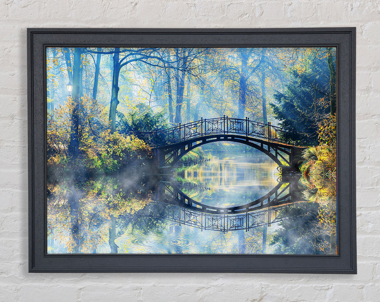Blue hue bridge on lake Framed Wall Art