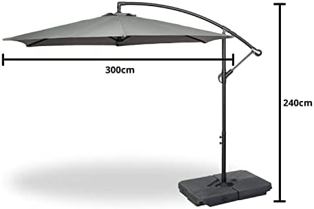 GardenCo 3m Cantilever Banana Parasol INCLUDES BASES & COVER - Hanging Parasol with Crank Handle - Outdoor Garden and Patio Sun Shade (Grey)
