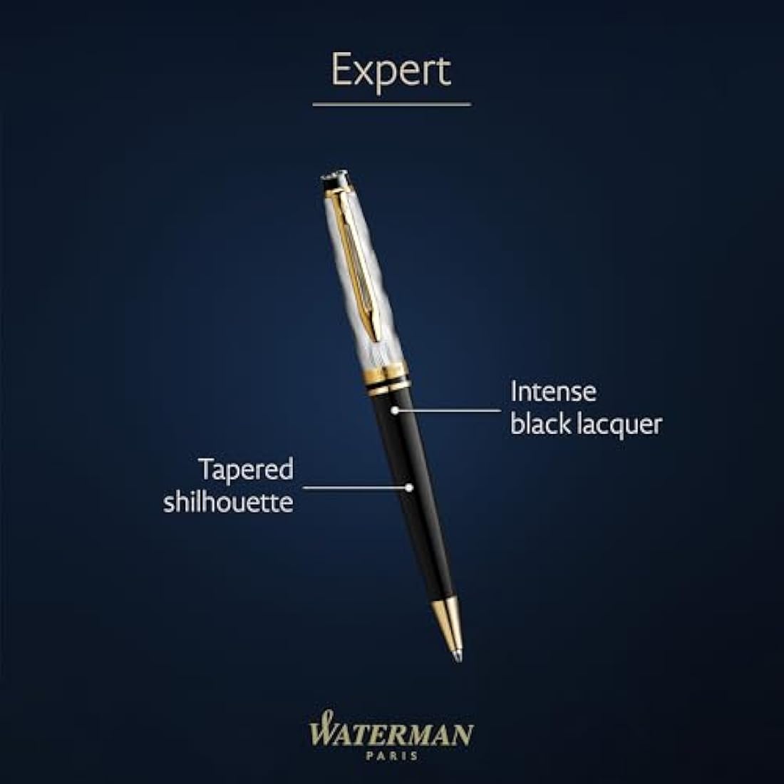 Waterman Expert Ballpoint pen | Metal & Black Lacquer with Gold trim & Chiselled cap | Medium tip | Blue Ink | Gift Box