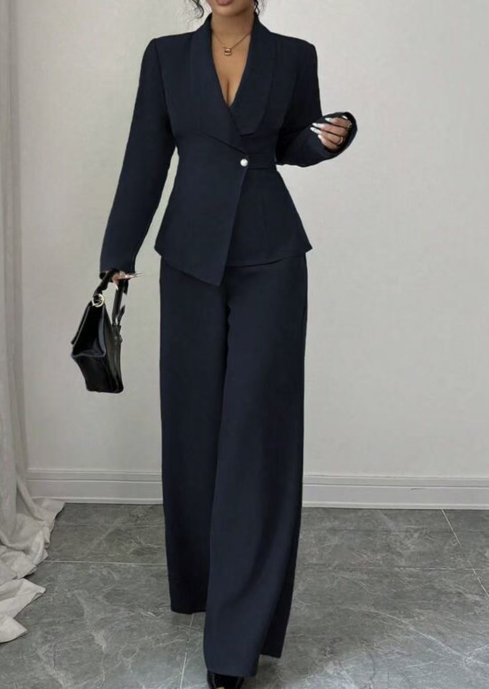Solid-color Long-sleeve Straight-leg Pants Set For Women