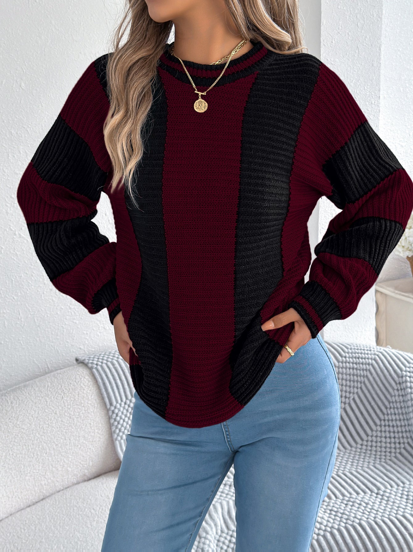Women Casual Color Block Stripe Lantern Sleeve Pullover Sweater