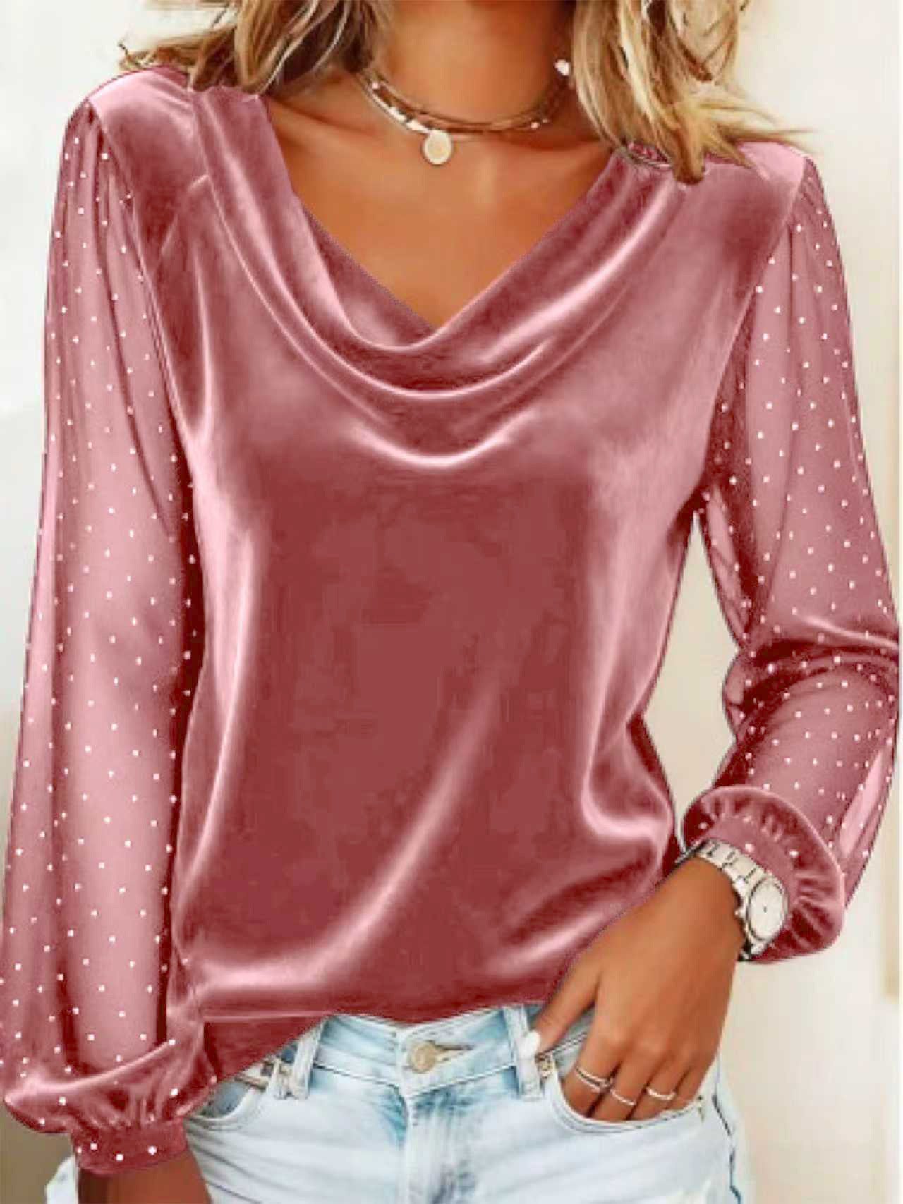 Women's Long Sleeve V-neck Velvet T-Shirt Women Elegant Diamond Mesh Sleeve Loose Tee Tops Christmas Clothes Women Shirt Red