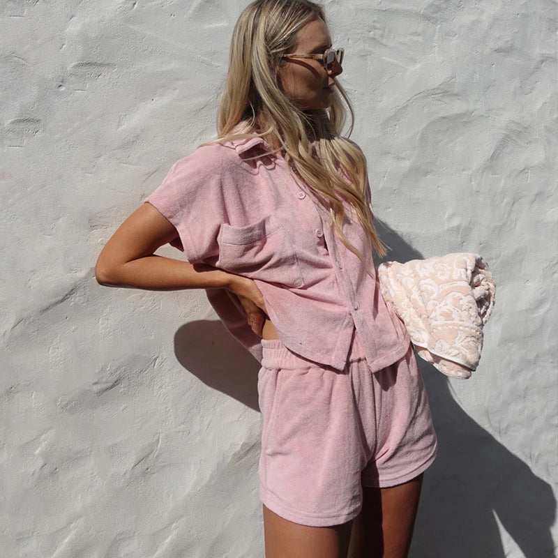 Women's Solid-Colored Single-Breasted Loose-Fitting Fashionable Casual Homewear Set