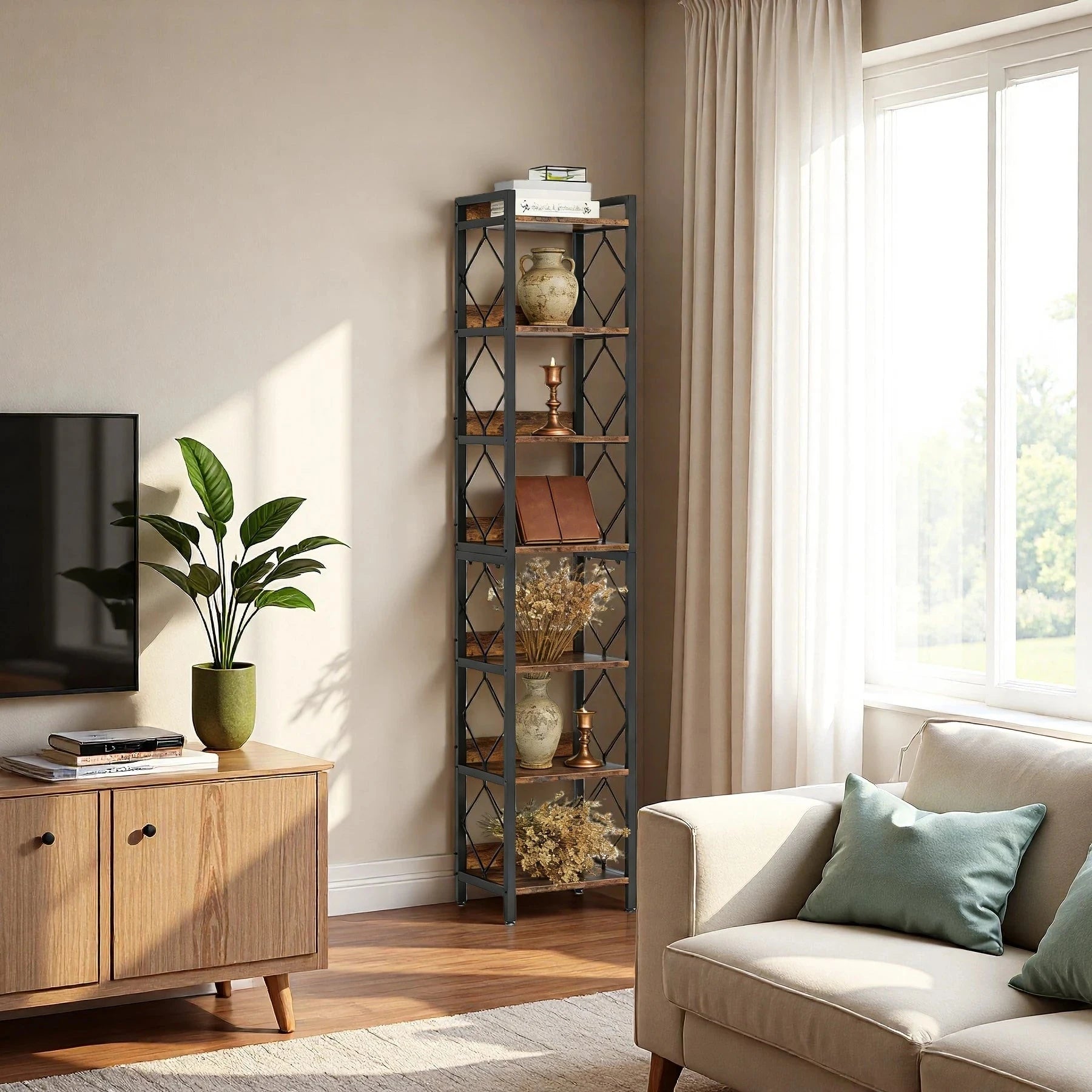 200cm Slim 7-Tier Industrial Bookshelf - Rustic Wood & Black Metal Display Tower.