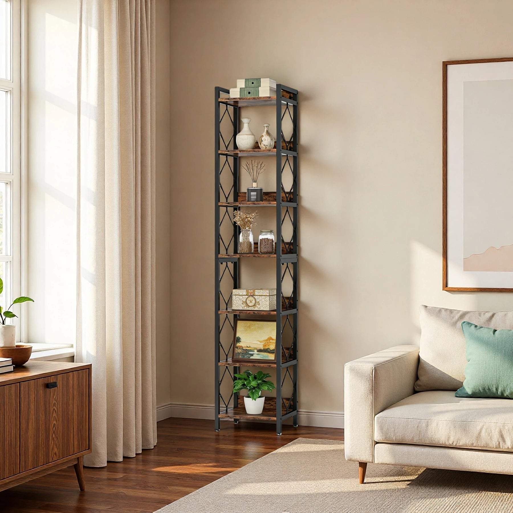 200cm Slim 7-Tier Industrial Bookshelf - Rustic Wood & Black Metal Display Tower.