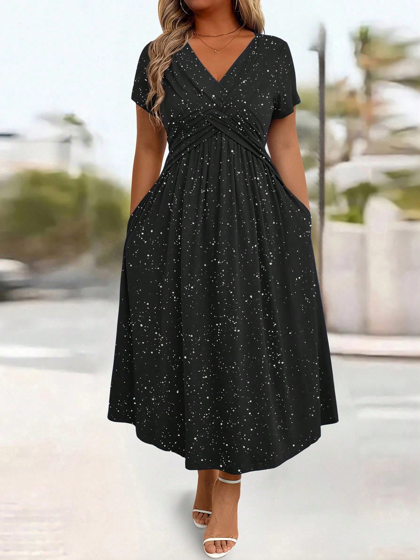 Waist Cinching Elegant Dress With A Vneck Shimmering Powder Finish Twisted Ribbon Detailing And Pocket Design