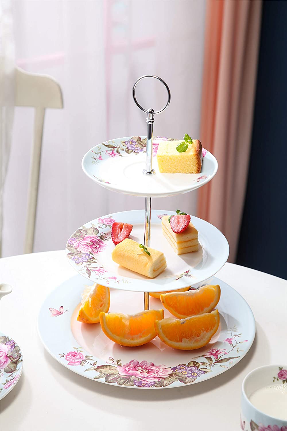 London Boutique 3 Tiered Cake Stands Afternoon tea Porcelain Bird Rose Butterfly in gift box (Blue)
