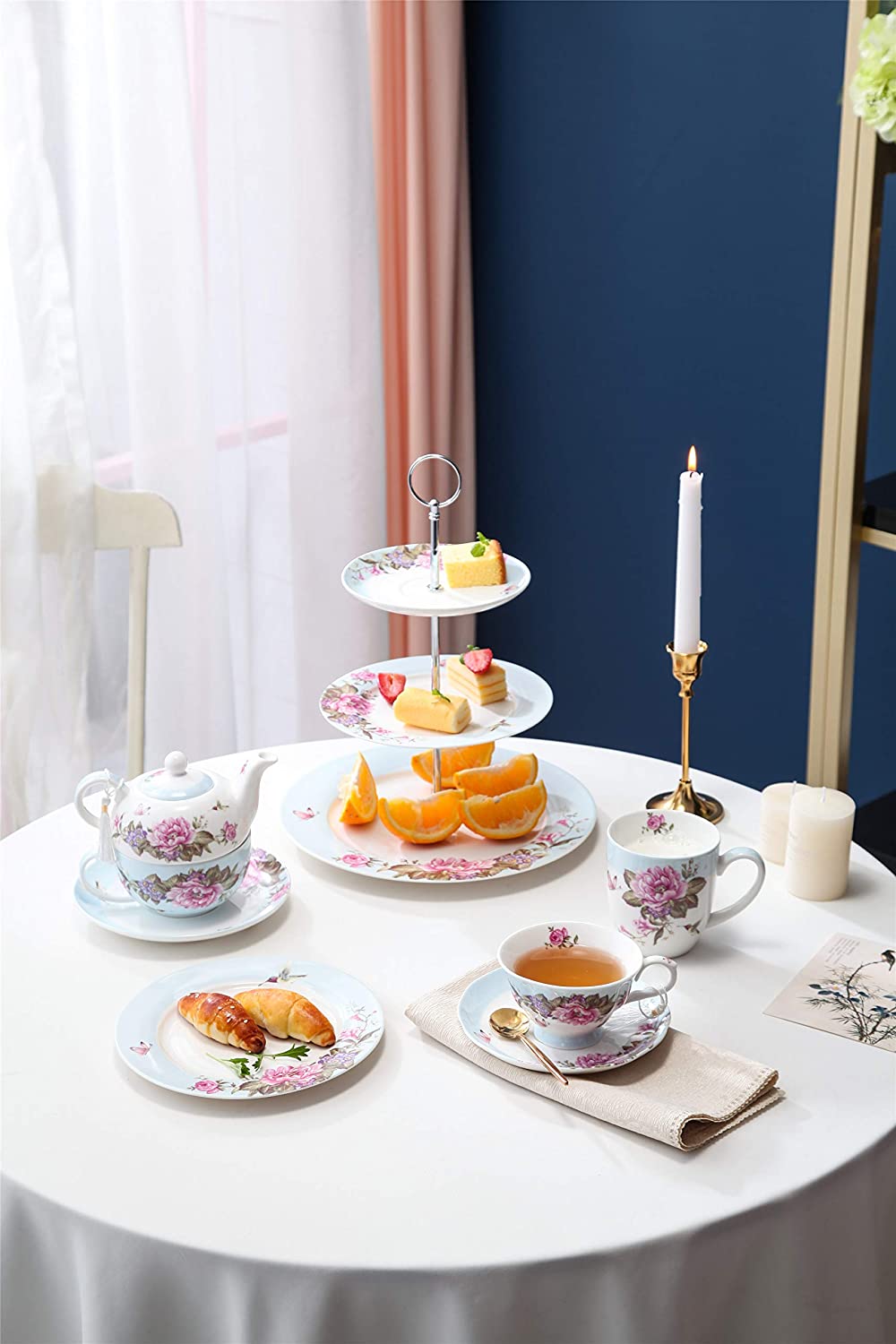 London Boutique 3 Tiered Cake Stands Afternoon tea Porcelain Bird Rose Butterfly in gift box (Blue)